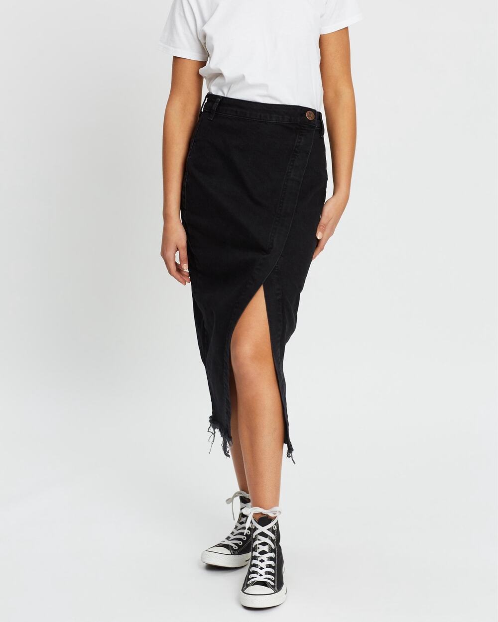 NWT One Teaspoon Sz 26 Society Worn Raven Black Asymmetrical Raw Hem Midi Skirt